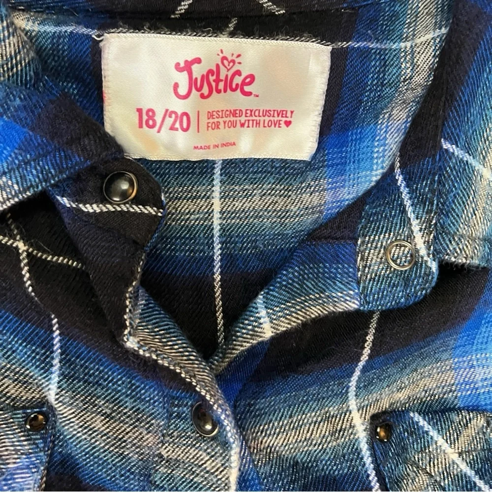 Justice Cropped Electr  Blue Plaid Long Sleeve Button Down Fringed Flannel - Picture 7 of 10